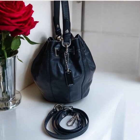 Authentic Coach Mia Drawstring Bucket Bag 14601 | Black Leather Polka Dot - Picture 2 of 14